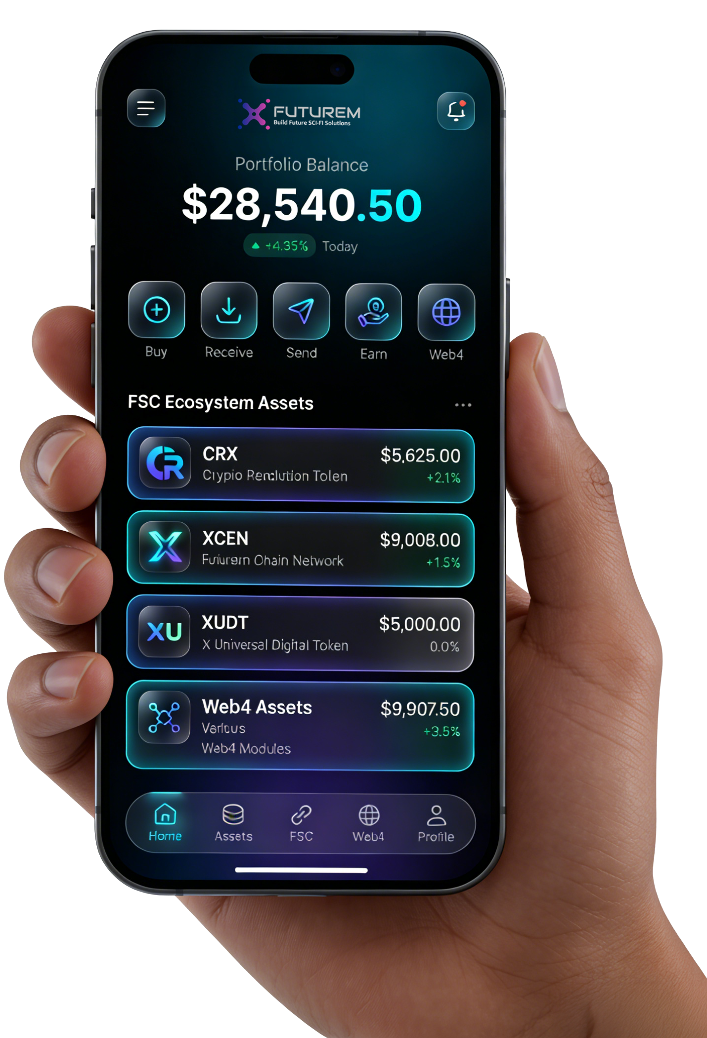 A hand holding a smartphone displaying a sleek dark-themed crypto wallet app under the profile @xEveline. The wallet shows a balance of $139,445.22 with a 6.47% gain. Token holdings are listed below, including EGLD, BTC, SUI, SOL, and ETH, with their respective values, quantities, and percentage changes. The app interface has options for buy, receive, send, and earn, with a bottom navigation bar.
